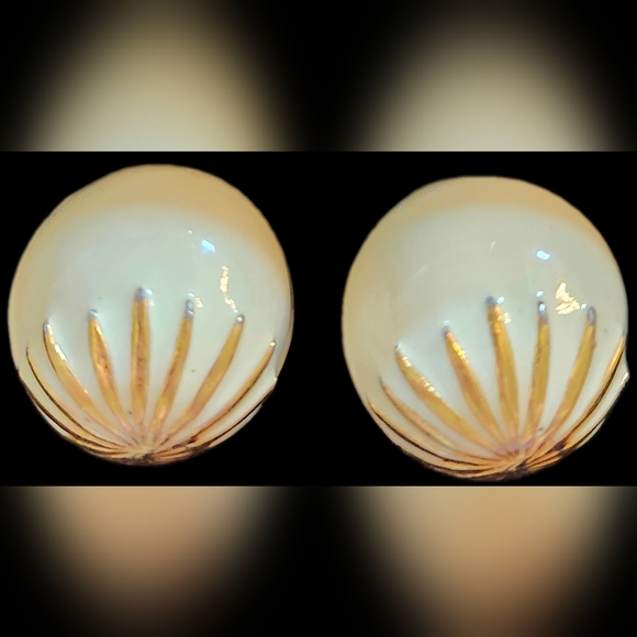 Vintage Kenneth Jay Lane White Enamel with Gold Accent Clip on Dome Earrings - Picture 5 of 8